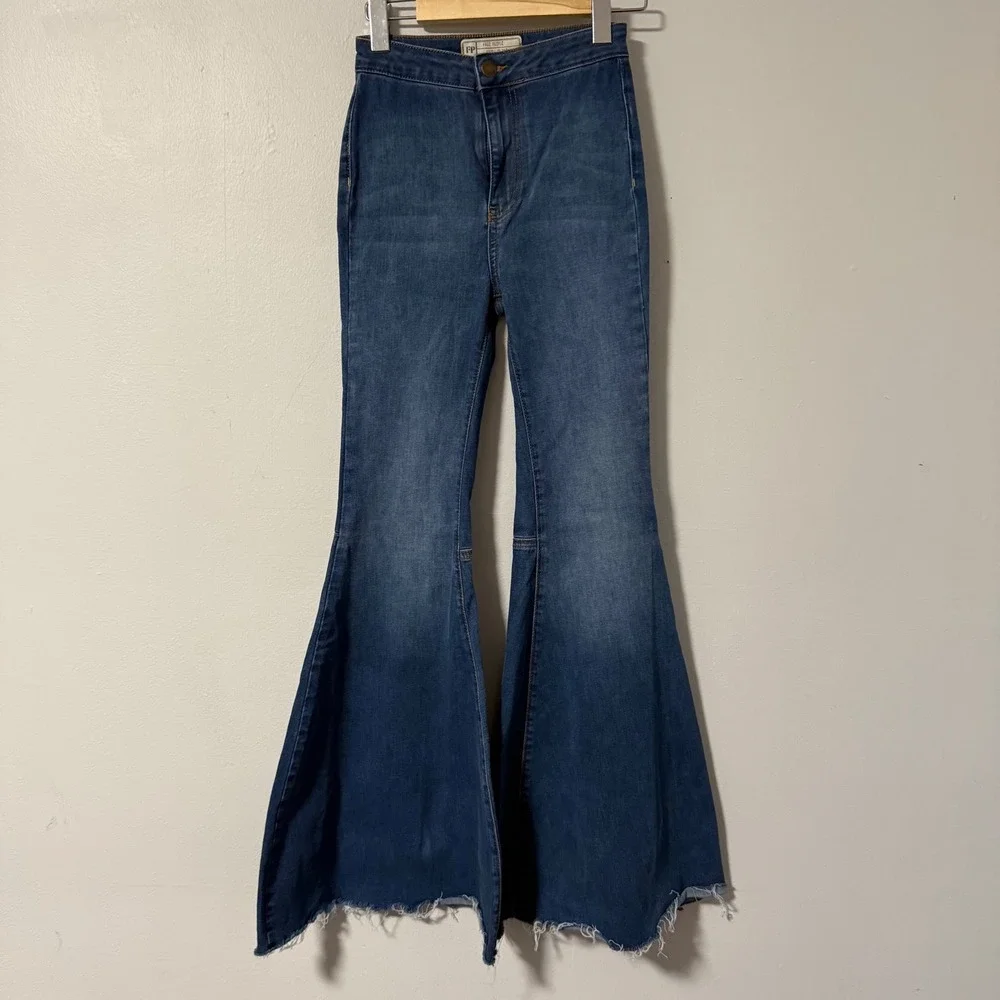 Free People Just Float On Flare Jeans Blue High Rise Bell Bottom Raw Hem 24R
